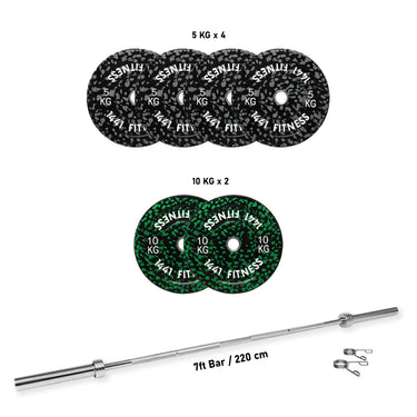 7 Ft Olympic Bar with Camouflage Bumper Plates Set - 60 KG Set | 1441 Fitness